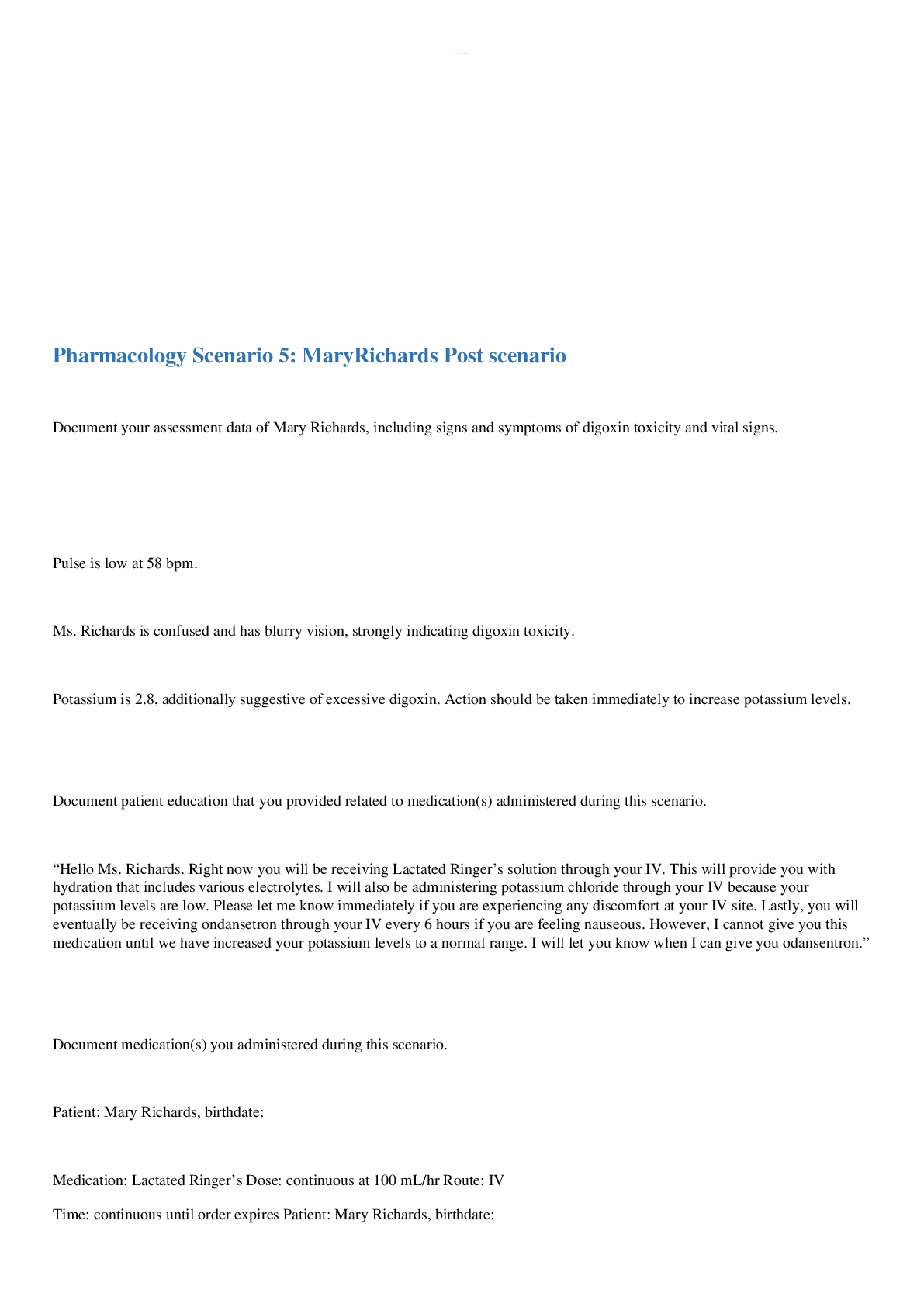 Preview image for Pharmacology Scenario 5 Mary Richardson Post Scenario